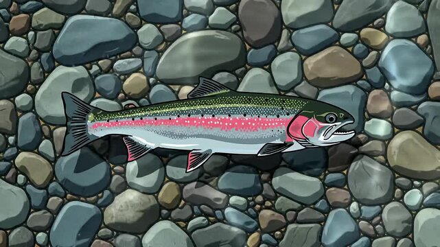 Stylized rainbow trout illustration laid atop a colorful, riverbed stone background