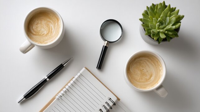 A flat lay of coffee cups, a magnifying glass, pen, notebook, and succulent plant on a white desk