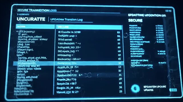 A blue-toned screen displays stylized, slightly garbled, futuristic user interface elements and data logs