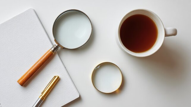 A flat lay of coffee, a magnifying glass, pen, and notebook on a white desk
