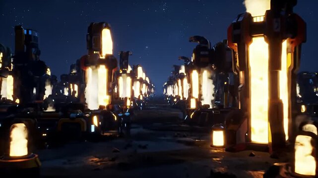 Dark industrial complex at night, with glowing, energized reactors emitting smoke