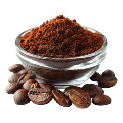 Ground coffee in glass bowl with coffee beans on transparent background