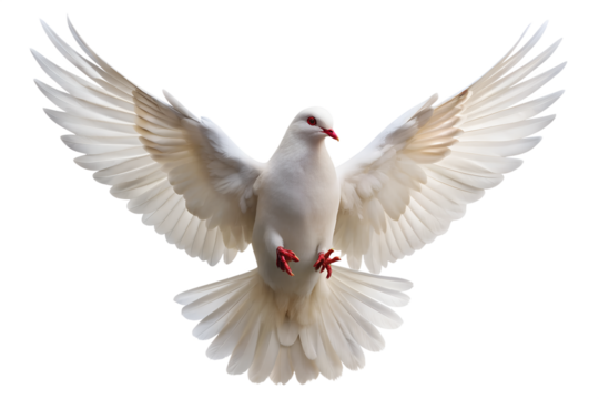 A white dove with wings spread in flight is isolated on transparent background