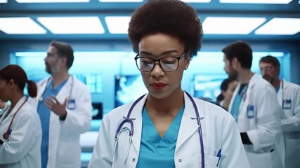A doctor discusses a case with her medical colleagues in a modern hospital lab