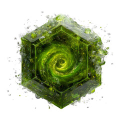 Green Swirl in Transparent Hexagonal Shape with Bubble Effects