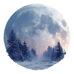 Full Moon Over Snowy Forest with Transparent Background for Design