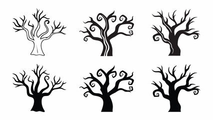 Illustration of six spooky trees with bare branches in black and white for halloween decorations needs | editable eps vectors silhouette