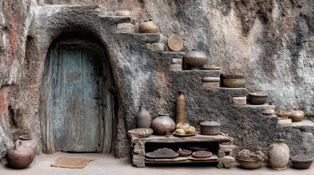 Traditional Ethiopian Tukul Home with Steps Leading to Rustic Door and Clay Pots Displayed Outdoors
