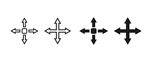 Road direction icon. 4 way move icon. Pointing from center to move four direction arrow symbol png and vector illustration on transparent background