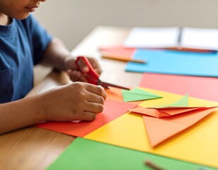 A young child intently cuts paper with scissors, creating colorful shapes on a table.