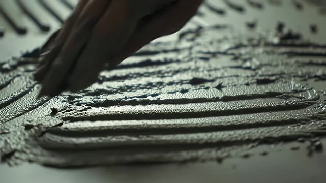 Freshly-applied, textured grey mortar with parallel ridges