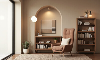 A cozy reading nook with a mocha mousse-colored velvet armchair placed next to a wooden bookshelf filled with books. A modern floor lamp