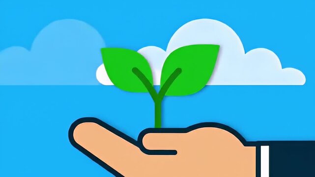 Hand holds sprout against blue sky and white cloud in flat vector art