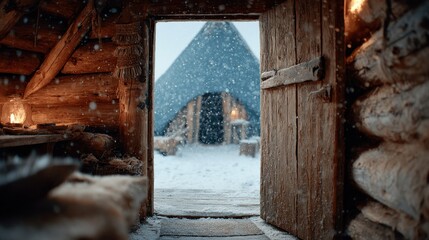 Fototapeta premium Rustic Wooden Door Opens to Sami Home Amid Snowy Landscape with Winter Charm and Natural Beauty