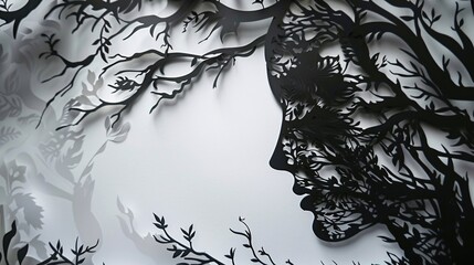 A dreamy paper-cut silhouette of a woman surrounded by leaves and water in calm moonlight.