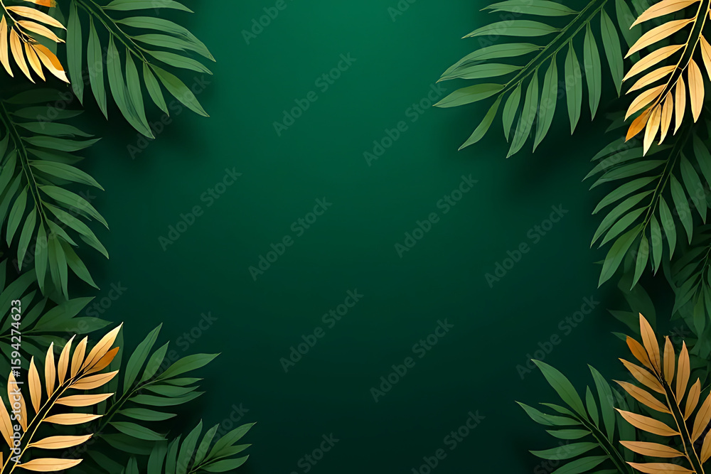 Poster green and gold palm leaves arranged in corners on a dark green gradient background with copy space f