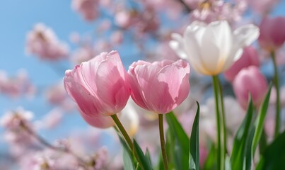 Fototapeta premium Pink and white tulips in full bloom, with cherry blossoms blooming behind them against the blue sky.
