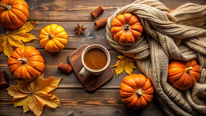 Cozy Autumn Still Life with Pumpkins Coffee Scarf and Fall Leaves new 2025 trendy