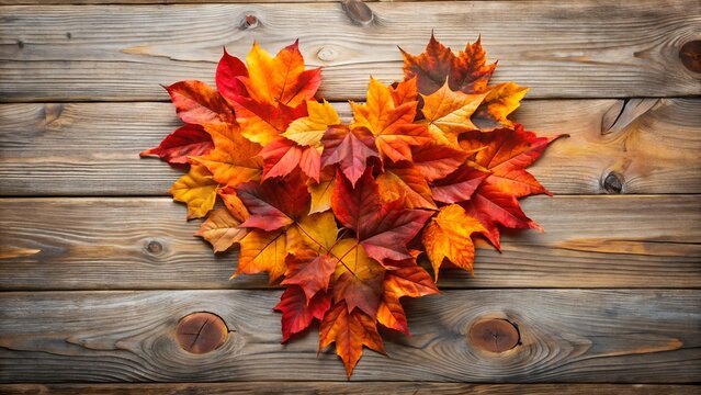 Autumn Heart Colorful Maple Leaves Arranged on Rustic Wooden Background for Fall Season new 2025 trendy