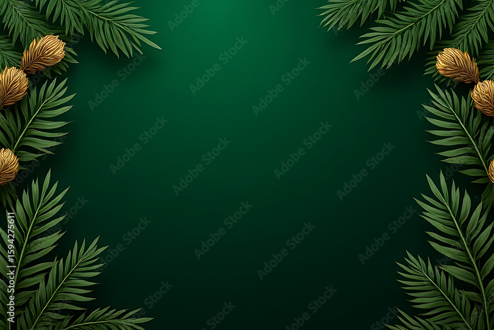 Aufkleber Green background with palm leaves and golden decorative elements arranged in corners creating a frame for copy space