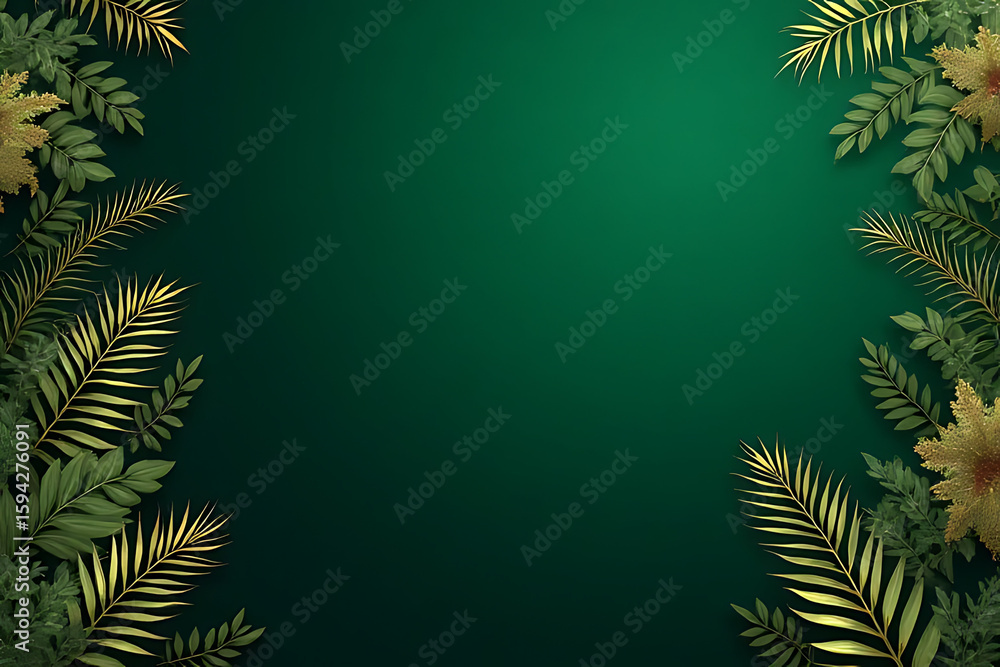 Poster green background with gold and green leaves arranged in corners creating a decorative border for des