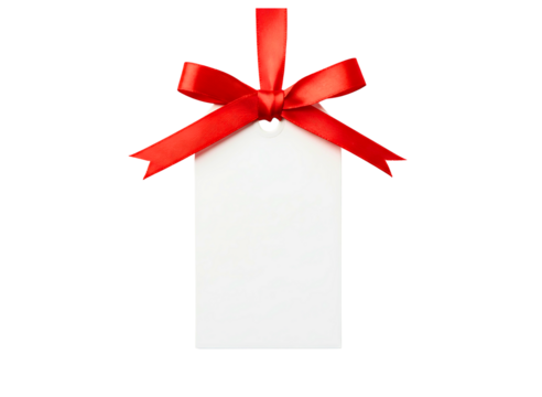 Red ribbon tied to a blank gift tag isolated on transparent background
