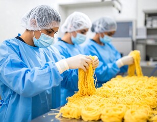 Workers in blue garments handle yellow pasta