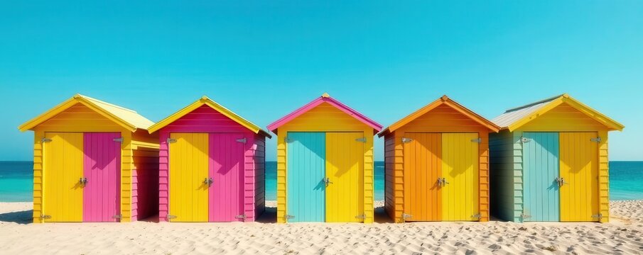 Row of colorful beach huts against blue sky Wooden structures, bright hues , cheerful, summer - Powered by Adobe