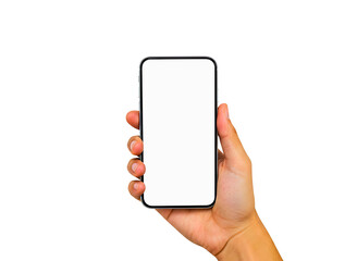 Hand holding a smartphone with a blank screen isolated on transparent background