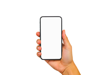 Hand holding a smartphone with a blank screen isolated on transparent background