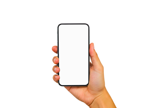 Hand holding a smartphone with a blank screen isolated on transparent background