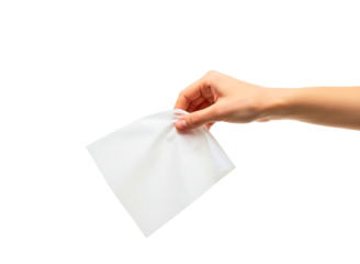 Hand holding a white paper napkin isolated on transparent background