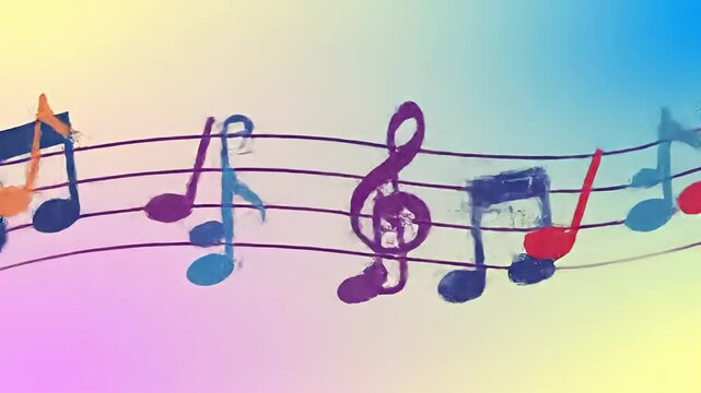 Colorful musical notes float on a five-line staff with watercolor texture
