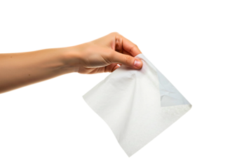 Hand holding a white paper napkin isolated on transparent background