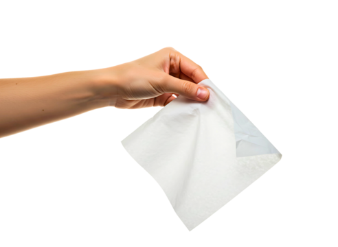 Hand holding a white paper napkin isolated on transparent background