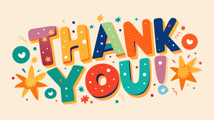 Colorful and Playful Thank You Illustration with Stars Hearts and Dots for Cards and Celebrations, perfect for expressing gratitude