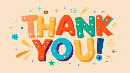 Colorful and Playful Thank You Illustration with Fun Lettering and Decorative Elements Against a Beige Background