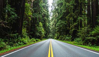 highway surrounded by towering redwood trees in Redwood National and State Parks, California. Peaceful empty road stretches into the lush green forest. Nature travel concept, no vehicles visible