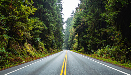 highway surrounded by towering redwood trees in Redwood National and State Parks, California. Peaceful empty road stretches into the lush green forest. Nature travel concept, no vehicles visible