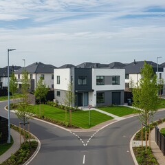 Aerial view of modern houses in a suburban neighborhood with a street intersection on a cloudy day