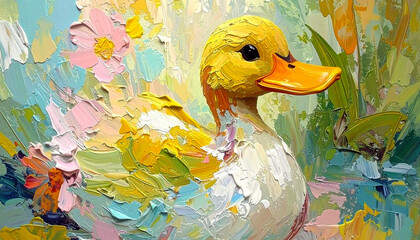 Cute pastel style oil painting of a yellow duck floating in a pond, surrounded by colorful impressionist brushstrokes. Soft tones, playful mood, and whimsical charm in a minimal abstract setting