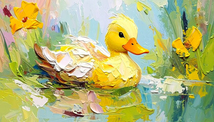 Cute pastel style oil painting of a yellow duck floating in a pond, surrounded by colorful impressionist brushstrokes. Soft tones, playful mood, and whimsical charm in a minimal abstract setting