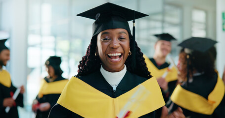 Laugh, student and portrait of woman at graduation with education goal, degree or achievement....