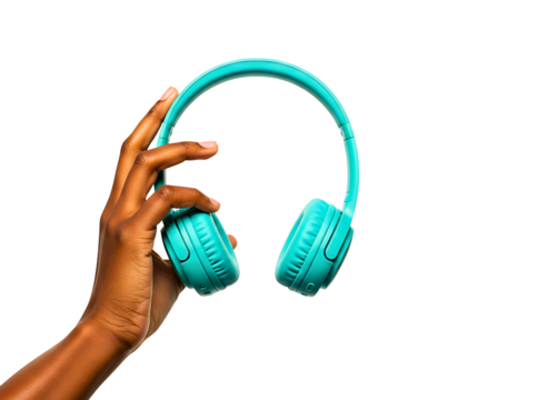 Hand holding  headphones isolated on transparent background