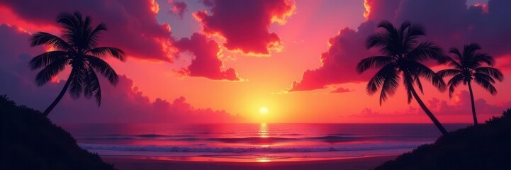 Silhouetted palms against vibrant sunset sky, ocean view, calm, design