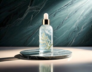 Naklejka premium Clear glass bottle with dropper and flowers