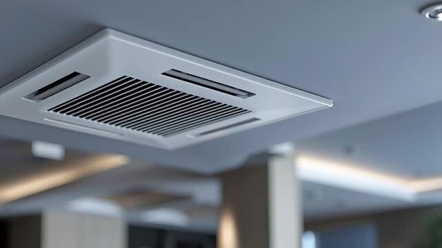 Illustration of a home room ceiling ventilation system featuring a modern interior air vent, White square air vent on ceiling, close-up. Air sails in the modern room. Decorative elements for interior