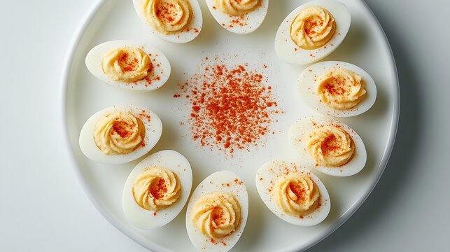 Deviled Eggs Arranged on a Plate with Paprika Garnish
