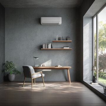 Hyper-realistic visualization of a 12 square meter room, modern minimalistic style. A writing desk (1400mm length, 800mm width, 750mm height) positioned directly in front of a window. On the opposite 