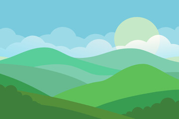 early morning fog rolling over green hills illustration